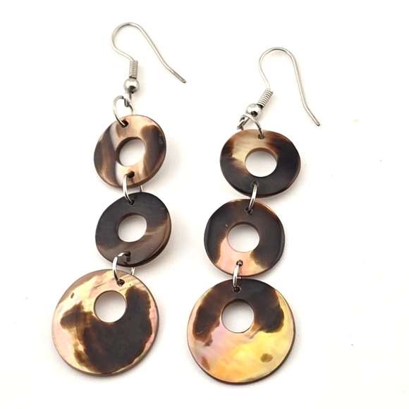 Jewelry - Iridescent Shell Dangle Earrings 3" Drop Triple Disc Boho Beach Jewelry Gift